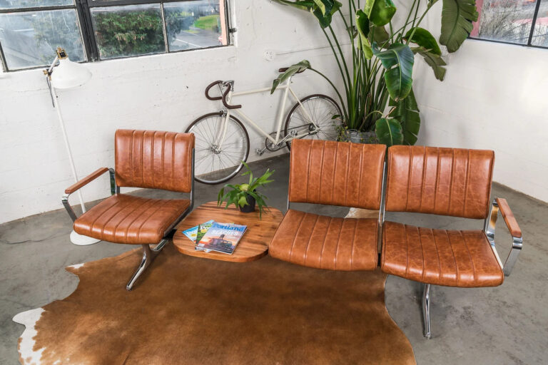 Hawthorne Brown Leather Studio Sofa with Table
